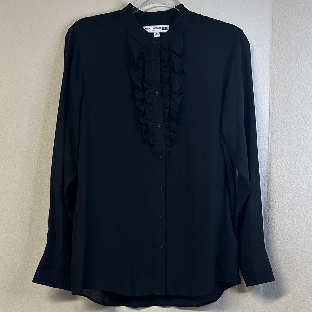 Uniqlo × Inès de la Fressange Paris Silk Ruffle‑Front Button‑Up Shirt Size M